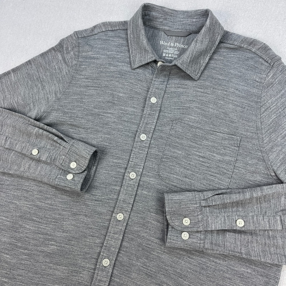 Wool & Prince Button-Up Shirt Mens L Heather Gray Midweight Pique Merino/Nylon